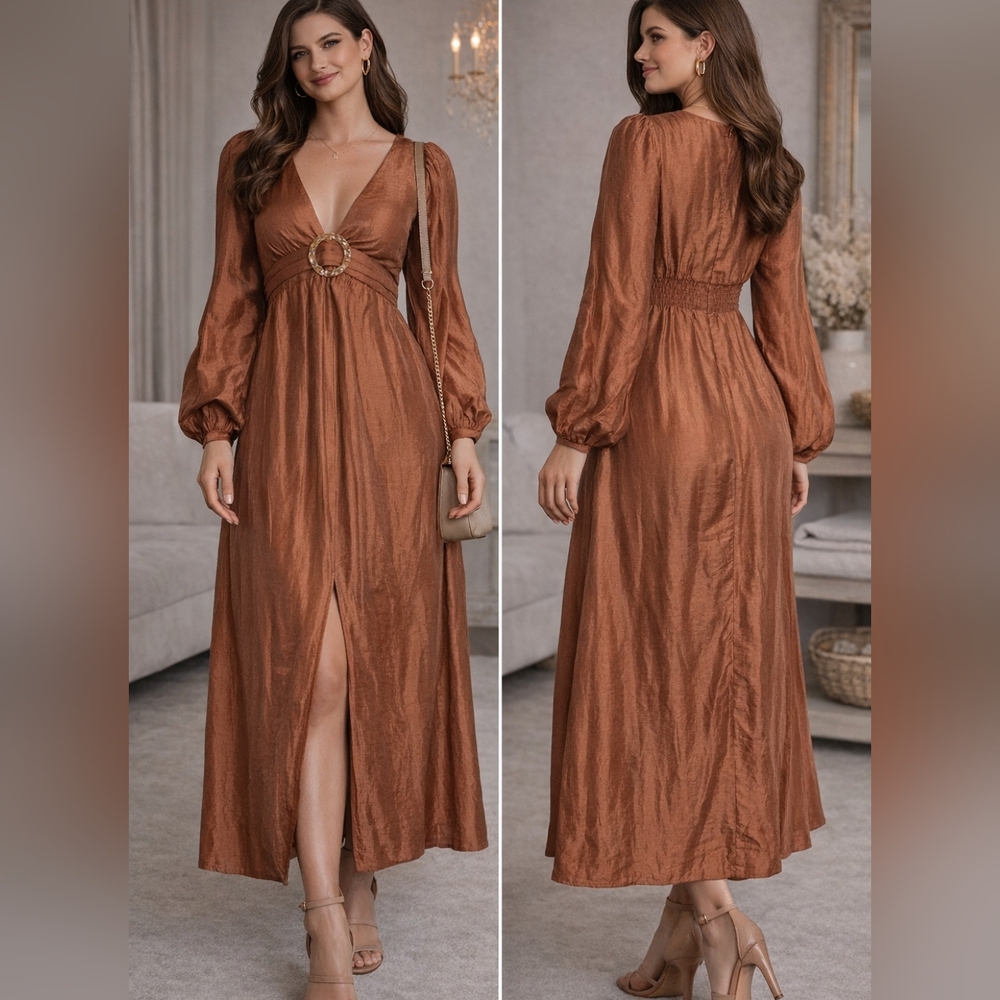 Womens V-Neck Long Sleeve Maxi Dress with Buckle Detail - Brown